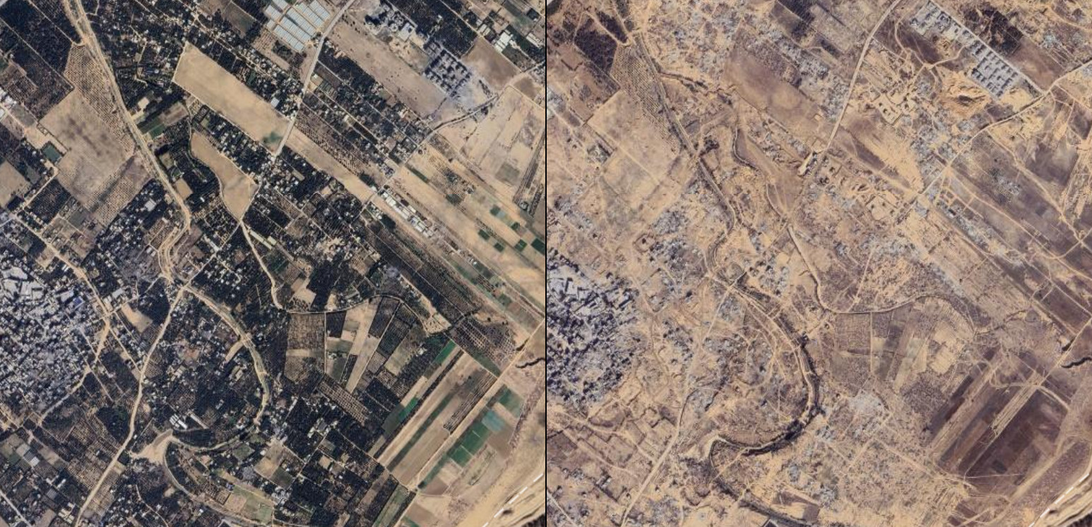 Un
        secteur de la bande de Gaza, début 2024 (à gauche) et fin 2024
        (à droite)