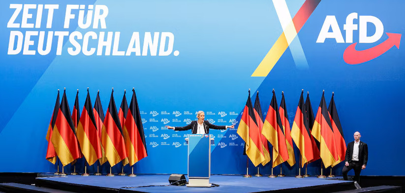 Alice
              Weidel (AfD - Alternative für Deutschland) entourée de 8 +
              8 drapeaux